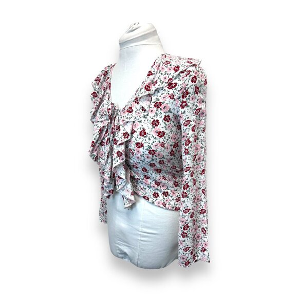 Rue 21 Women’s Long Sleeve Lace Up Front Floral V-Neck Cropped Ruffle Blouse - Picture 3 of 6